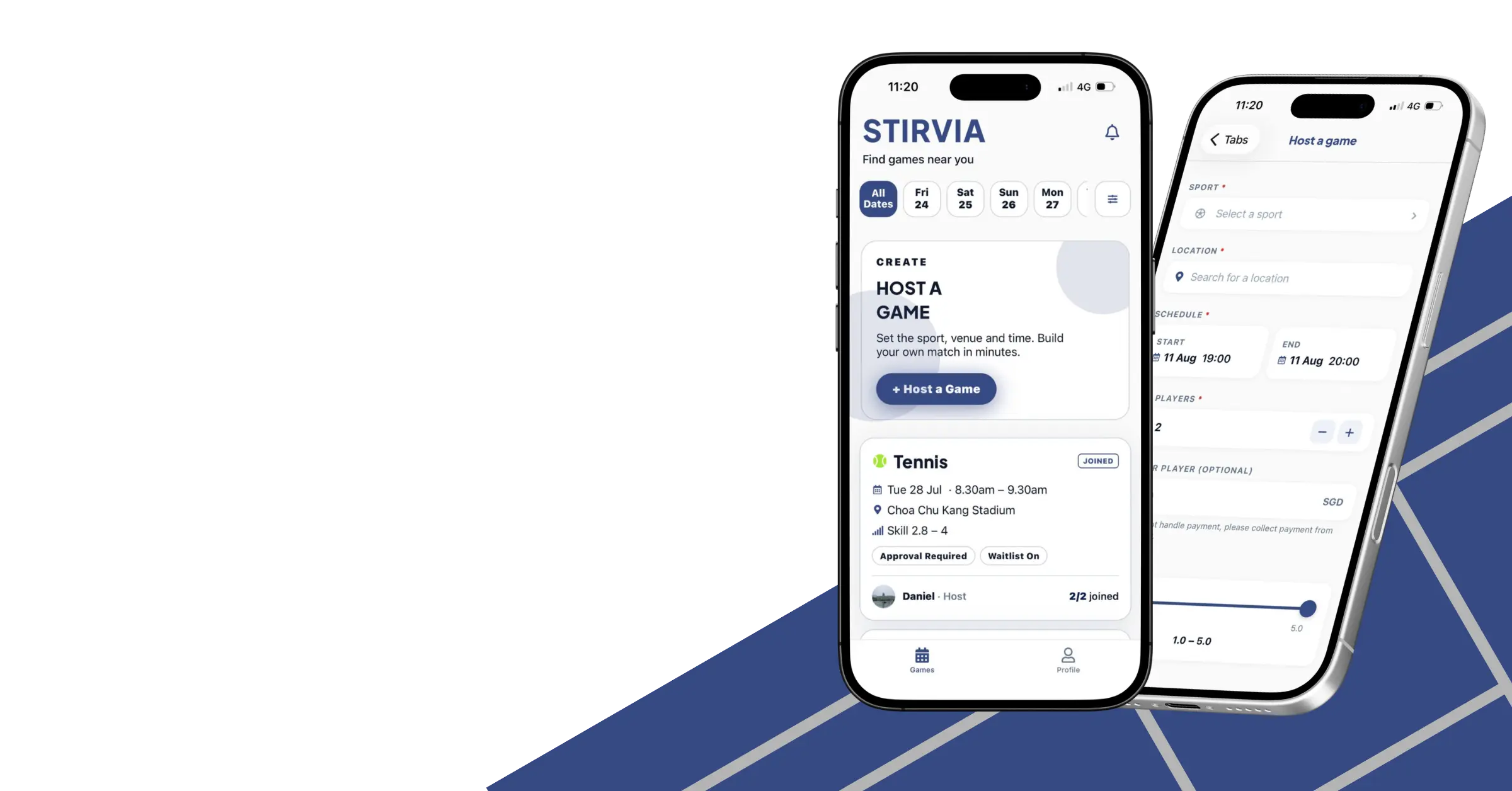 The Stirvia app: a games feed showing a tennis game, and the host-a-game screen